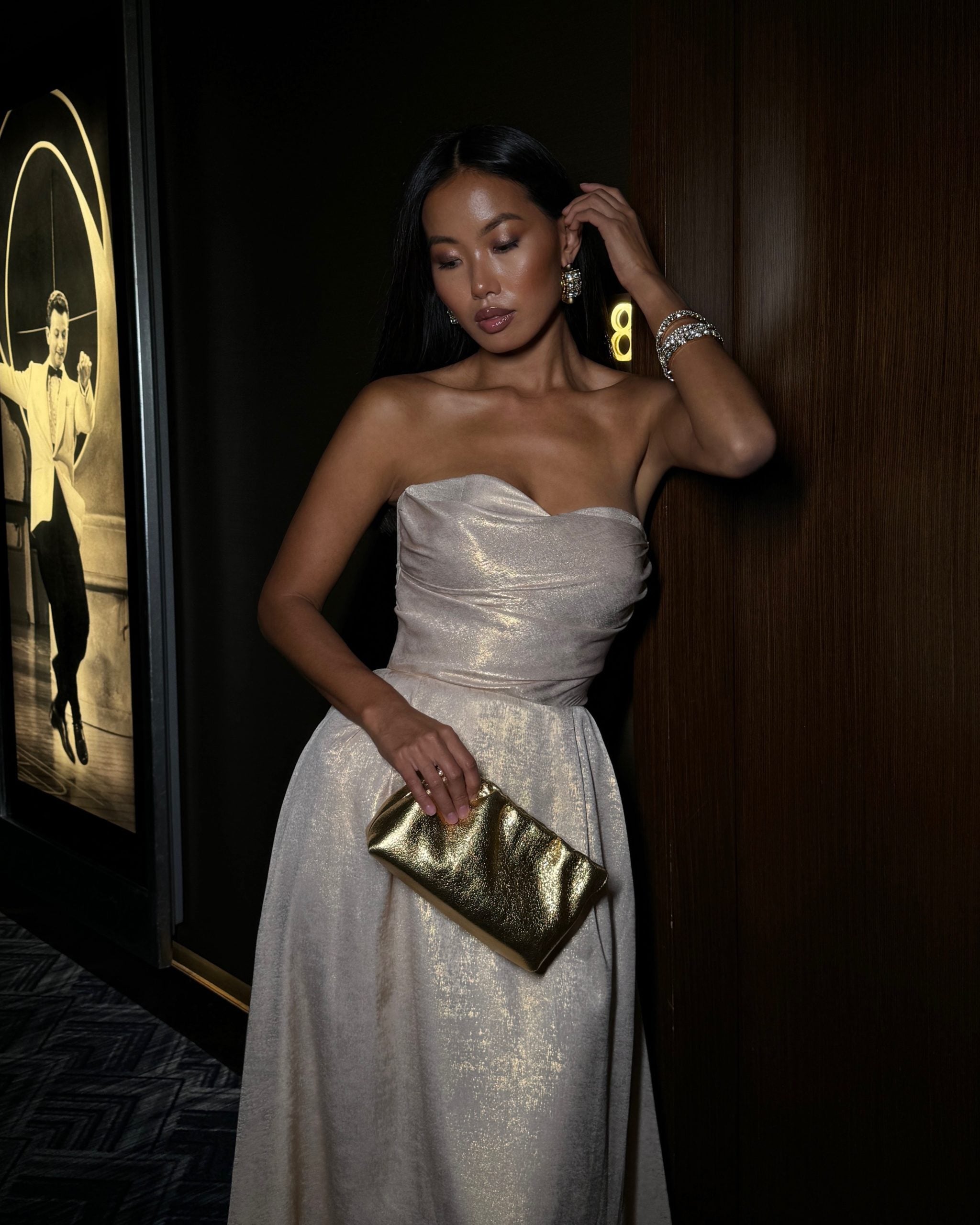 Midi bustier dress with draped bodice