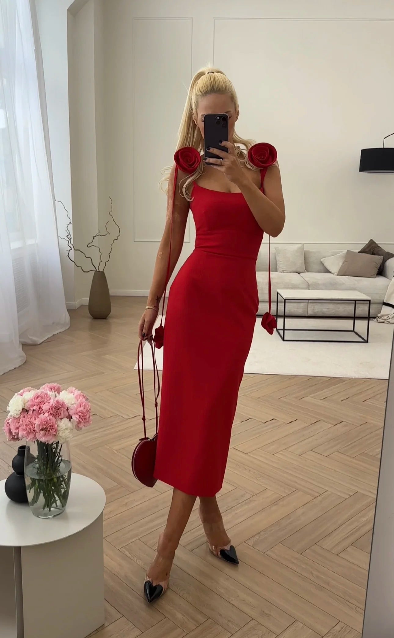 Sheath dress with roses (red)