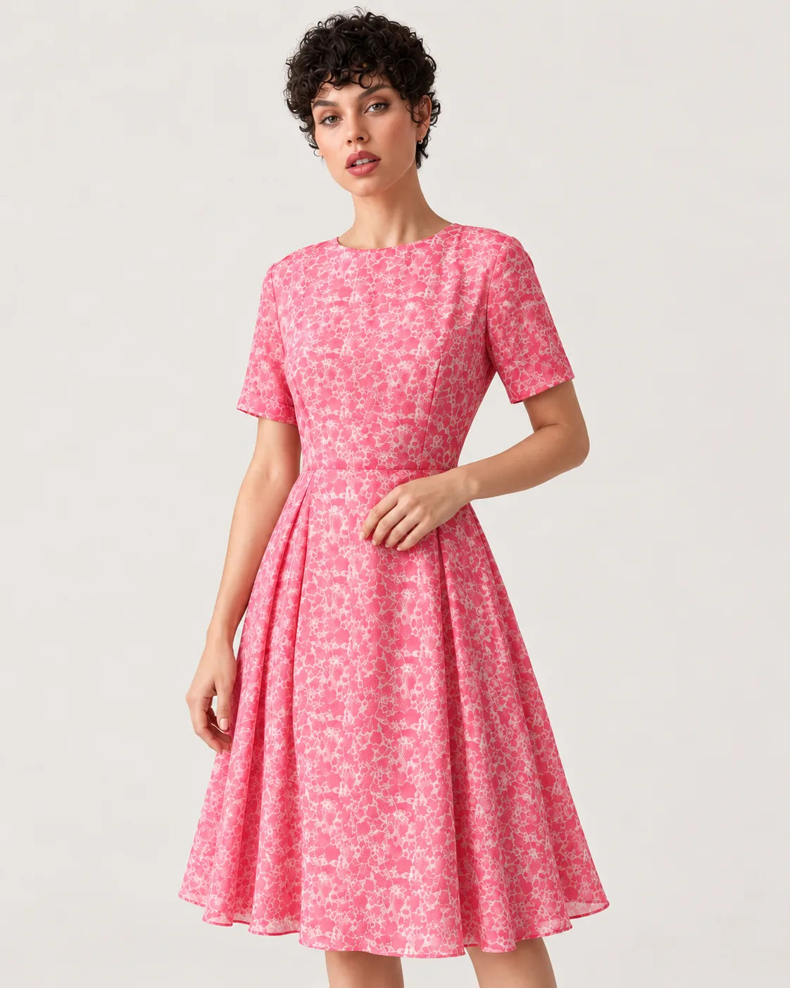 Fitted midi dress with short sleeves — upper body view