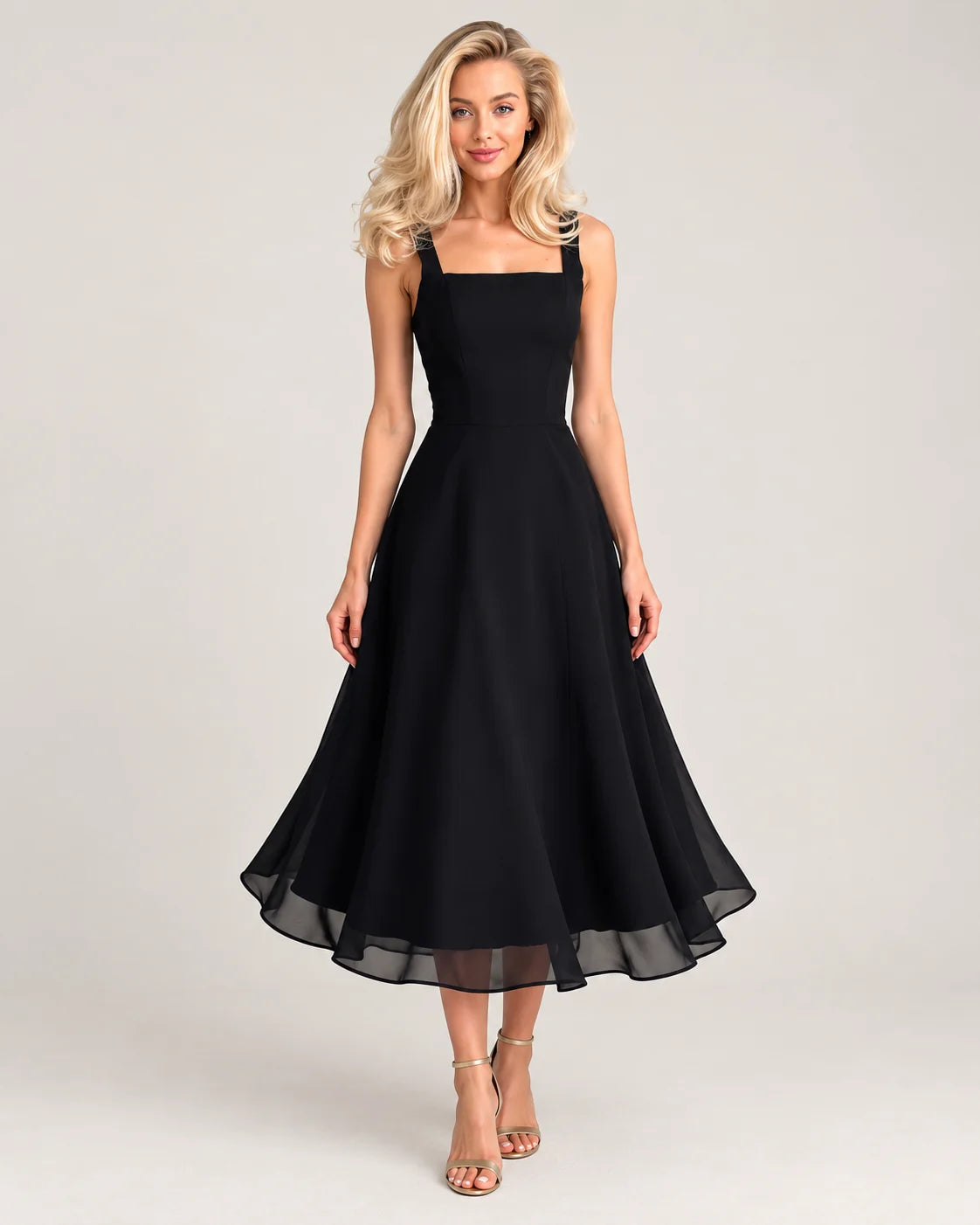 Full skirt midi dress / Black — front view