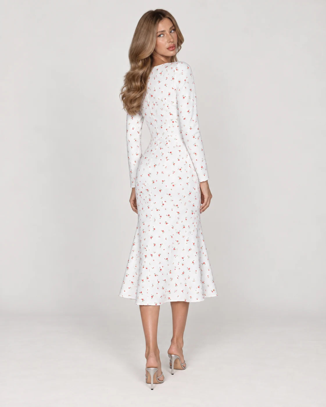 Long Sleeve Silhouette Midi Dress — White Floral — back view