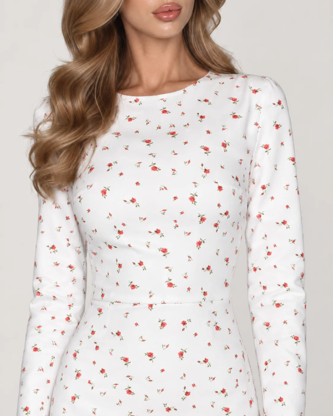 Long Sleeve Silhouette Midi Dress — White Floral — fabric and detail close-up