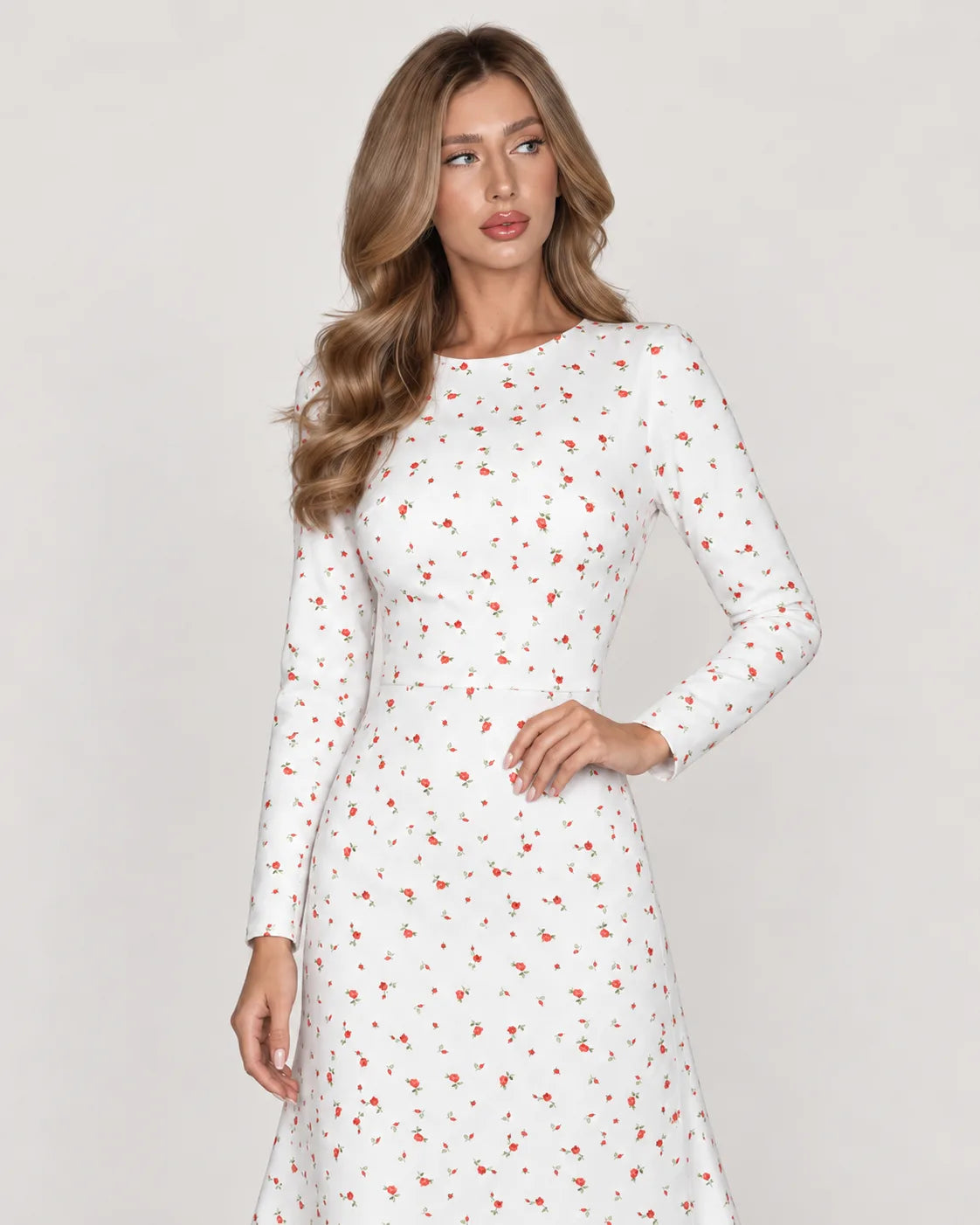 Long Sleeve Silhouette Midi Dress — White Floral — upper body view