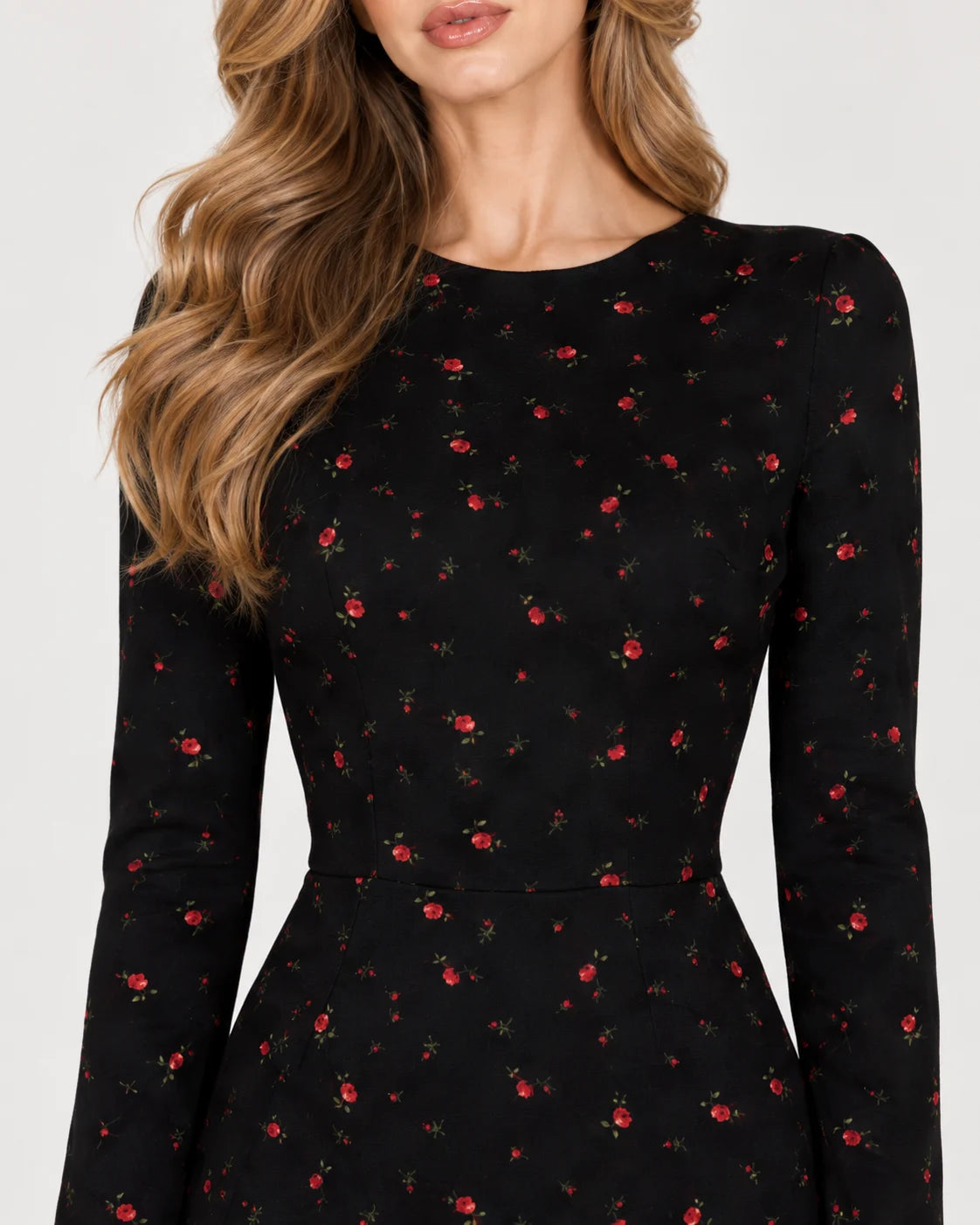 Long Sleeve Silhouette Midi Dress — Black — fabric and detail close-up