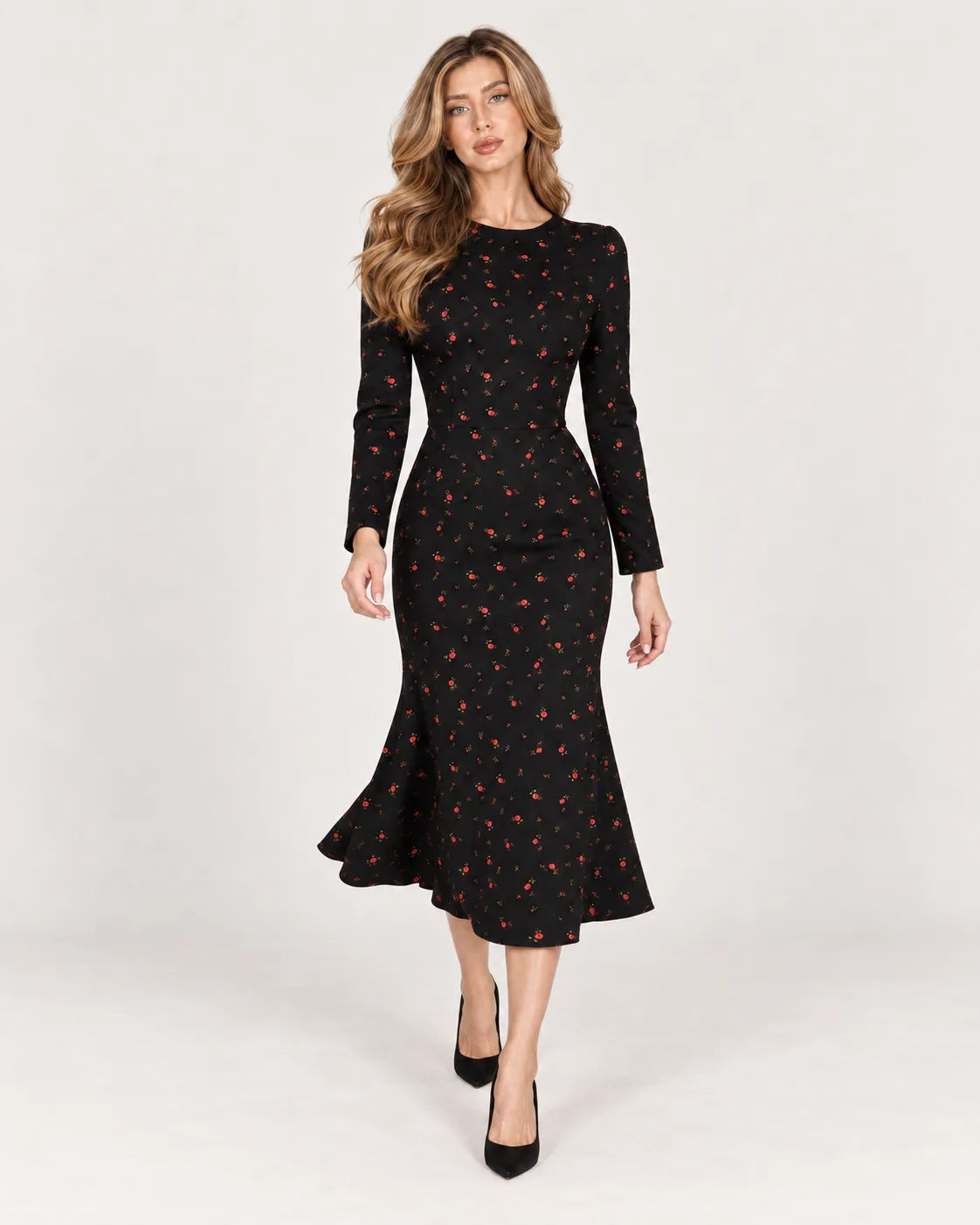 Long Sleeve Silhouette Midi Dress — Black — walking