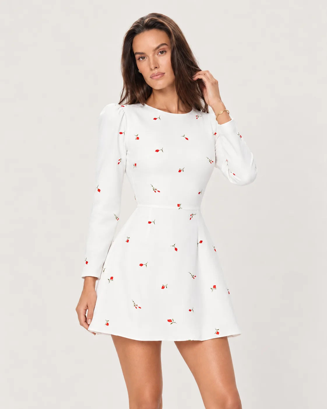 Long sleeve silhouette mini dress — Red Print — upper body view