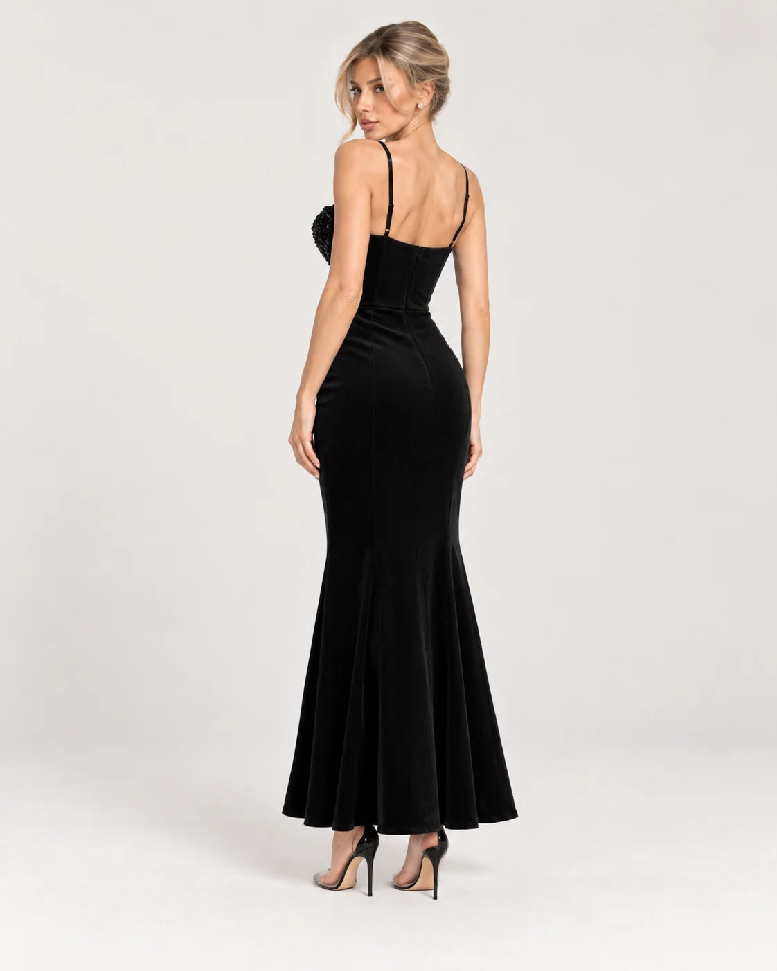 Maxi dress with bodice velvet sequins black — back view