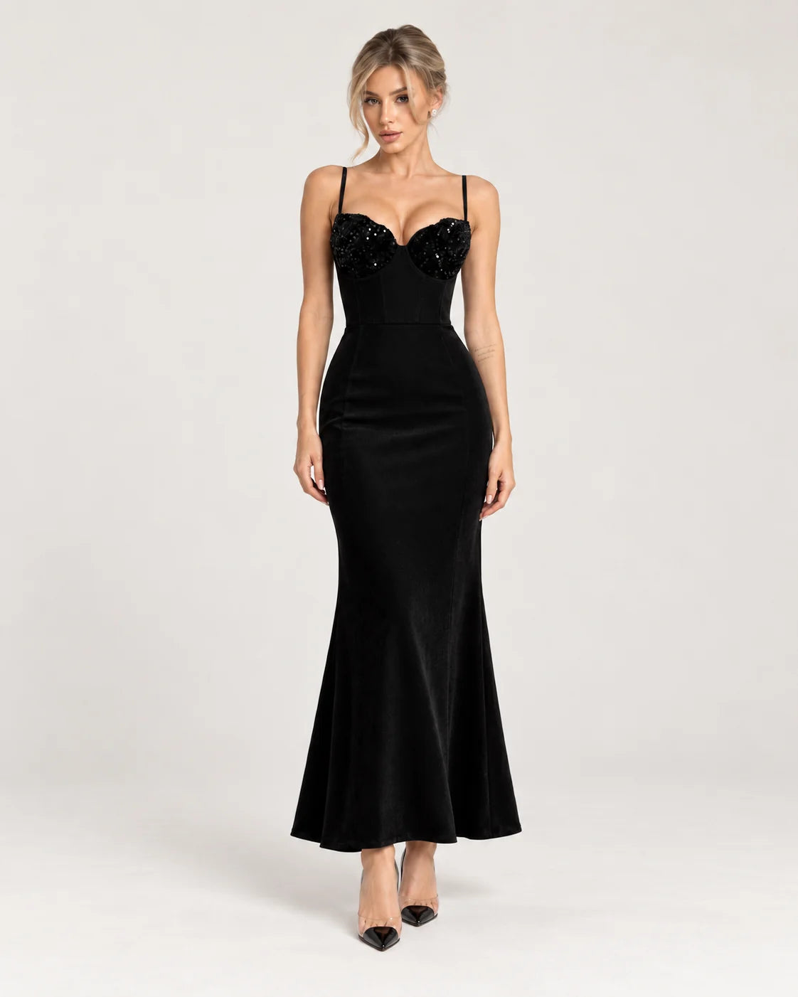 Maxi dress with bodice velvet sequins black — front view