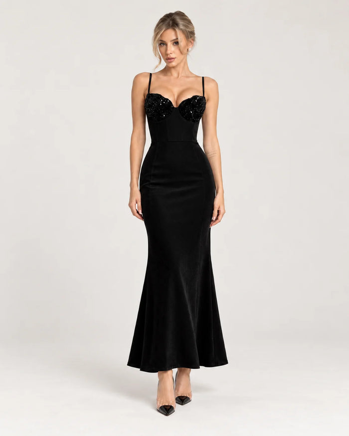 Maxi dress with bodice velvet sequins black — front view