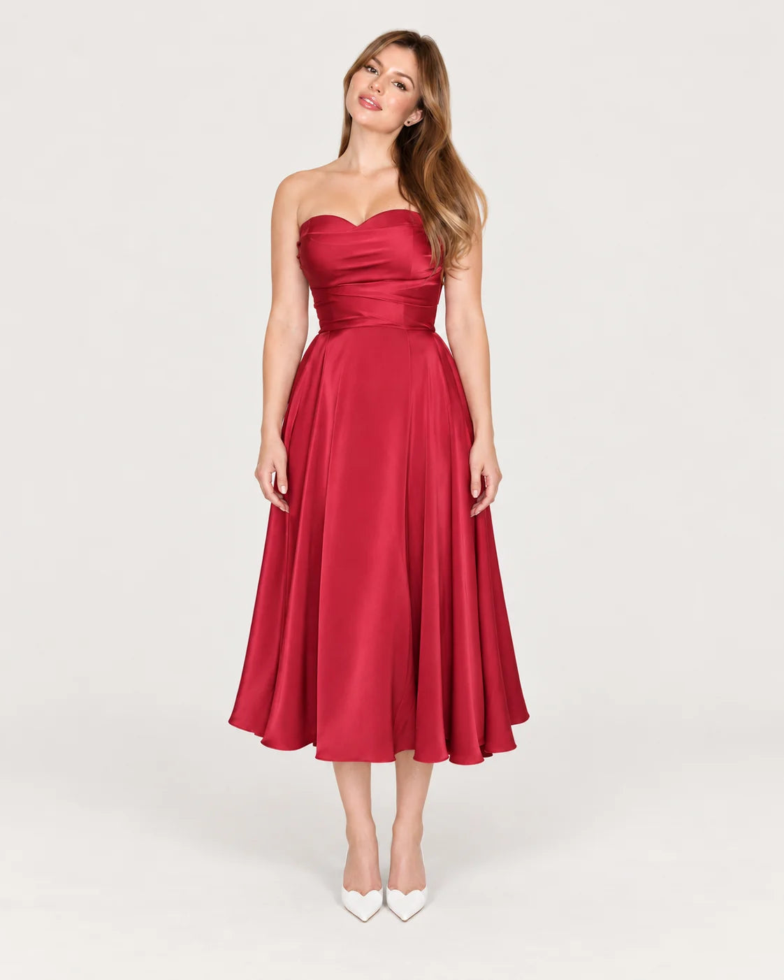 Midi bustier dress with draped bodice — front view