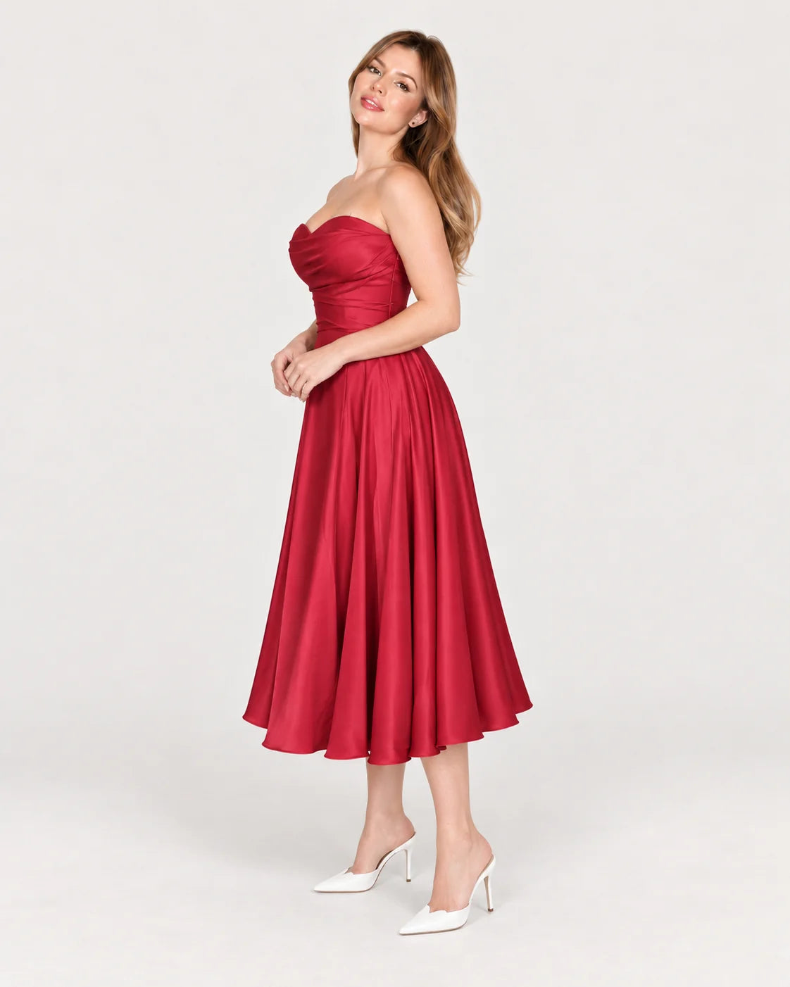 Midi bustier dress with draped bodice — side view