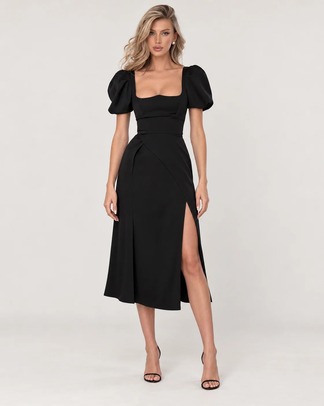 Black Midi Dress with Square Neck and Puff Sleeves — front view