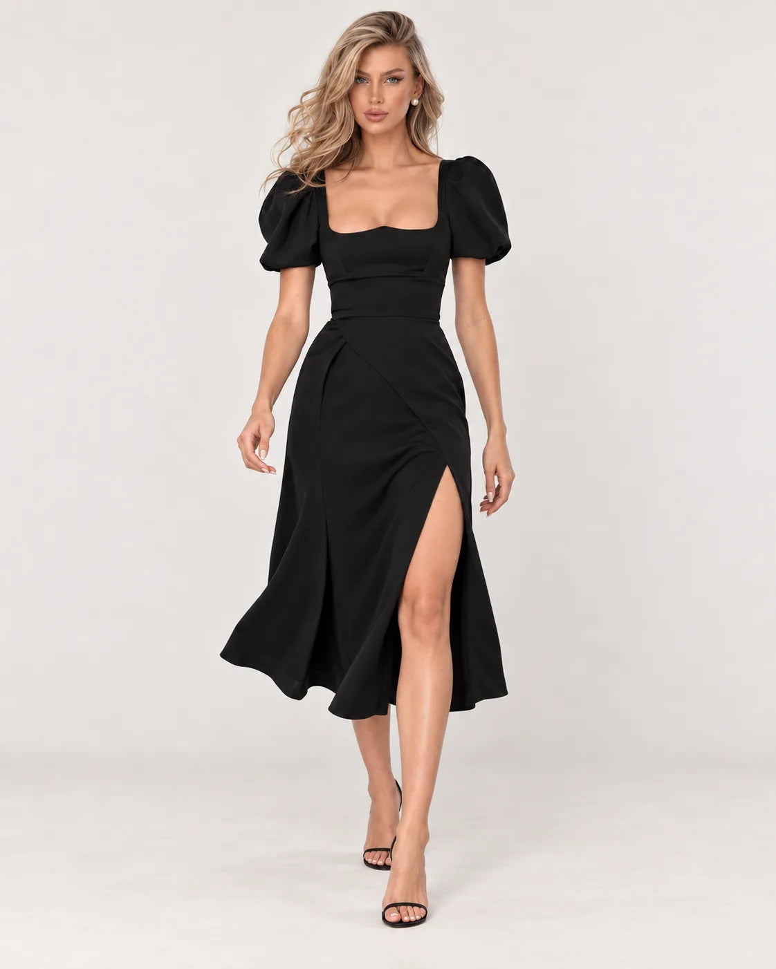 Black Midi Dress with Square Neck and Puff Sleeves — walking