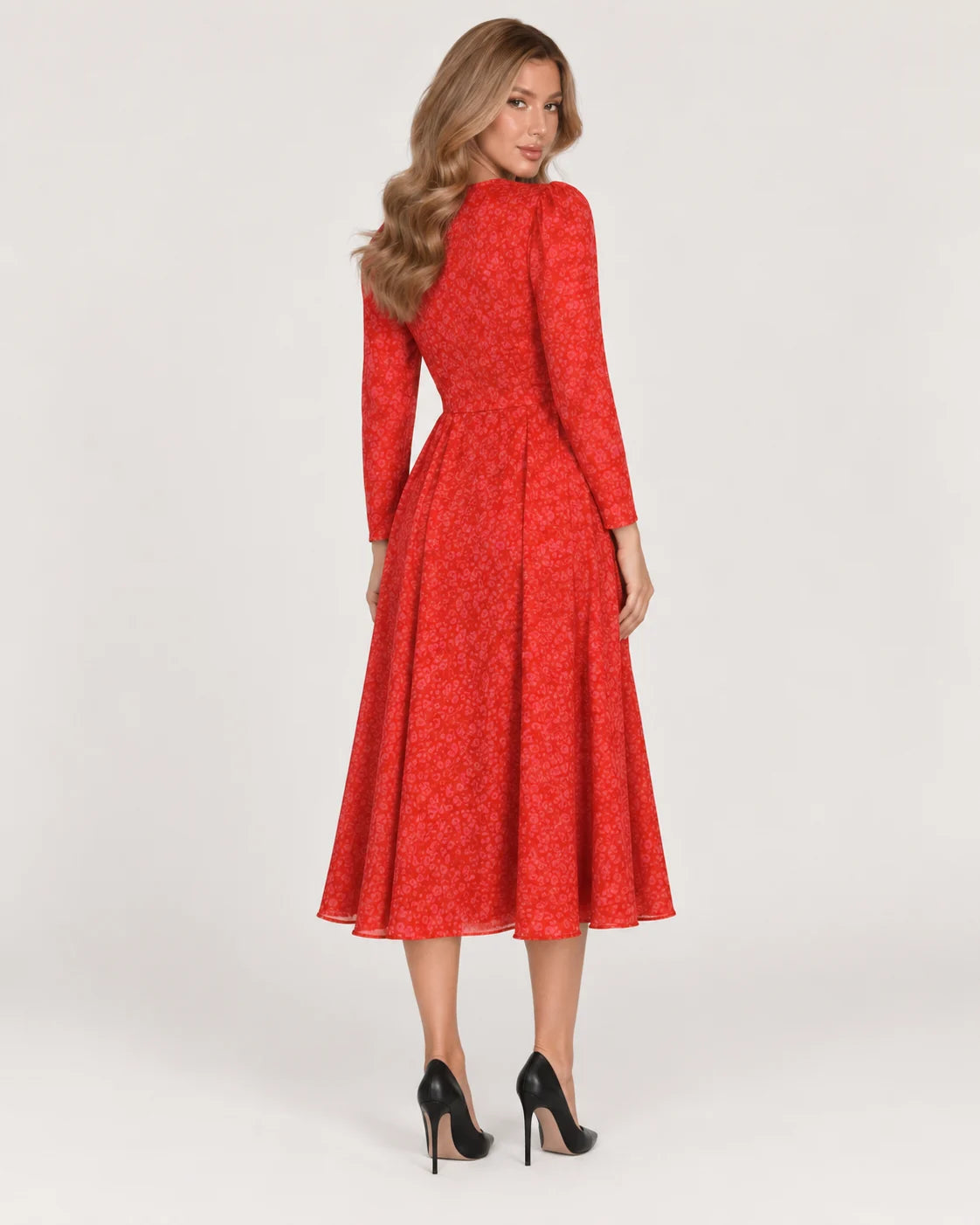 Midi dress with V neckline and pleated skirt — back view