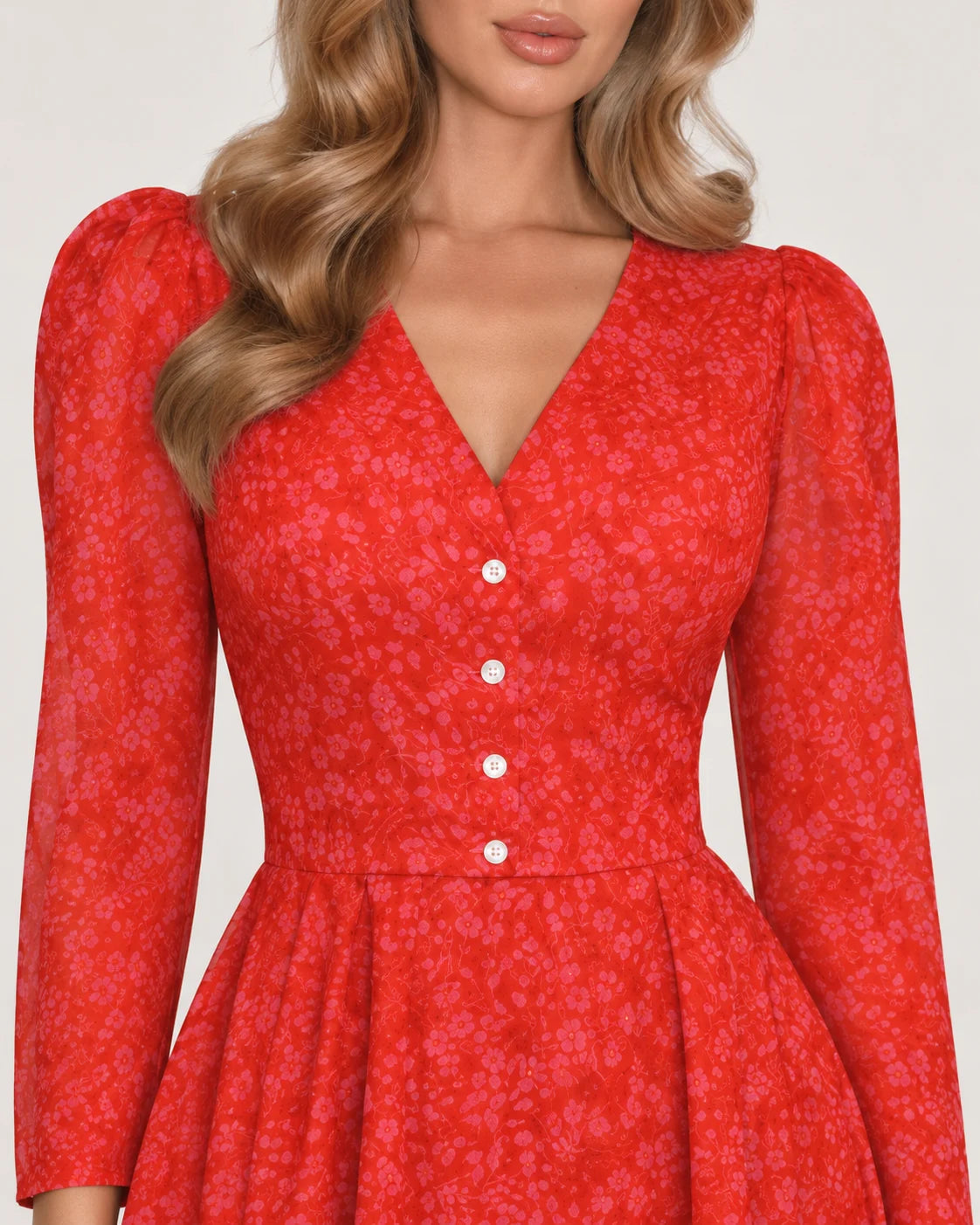 Midi dress with V neckline and pleated skirt — fabric and detail close-up
