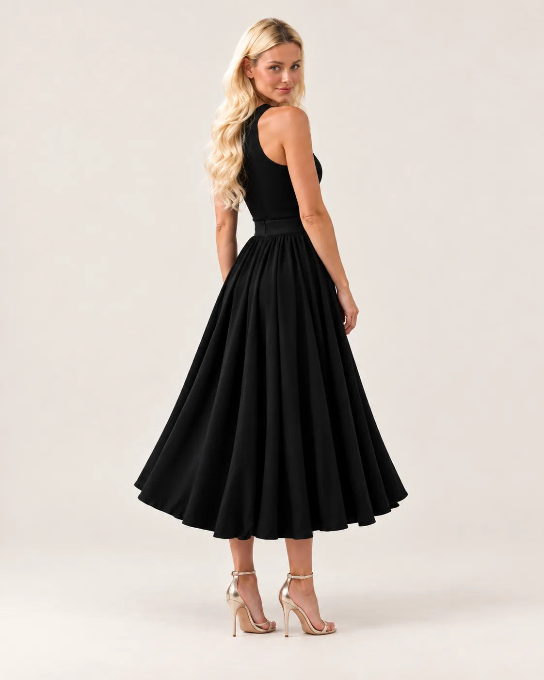 Puffy midi skirt in black — back view