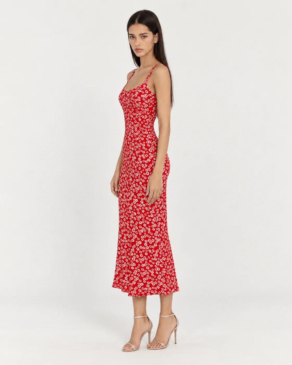 Red floral strappy dress — side view