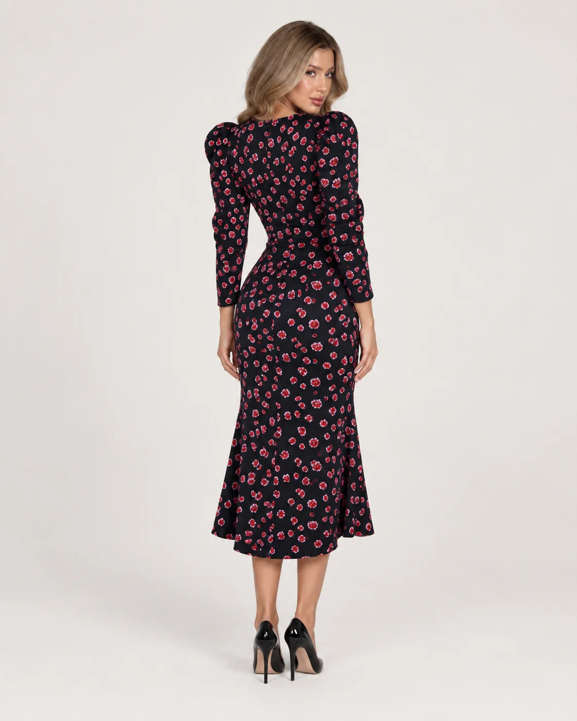 V-neck midi dress with godet skirt — Dark Floral — back view