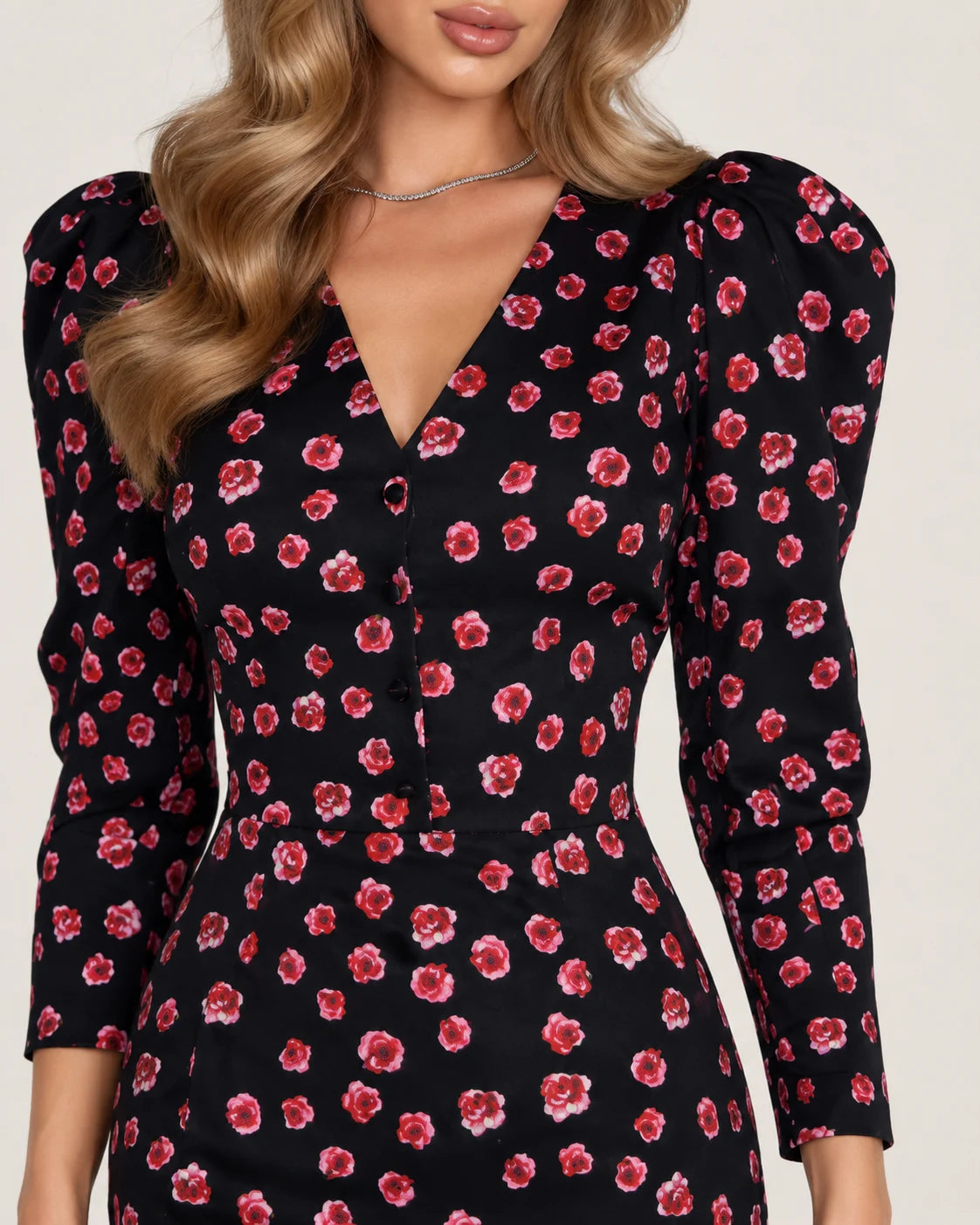 V-neck midi dress with godet skirt — Dark Floral — fabric and detail close-up