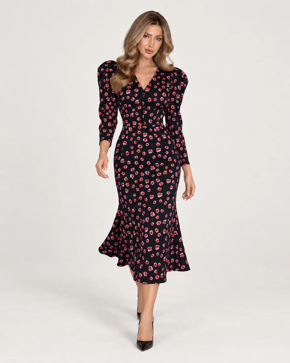 V-neck midi dress with godet skirt — Dark Floral — walking