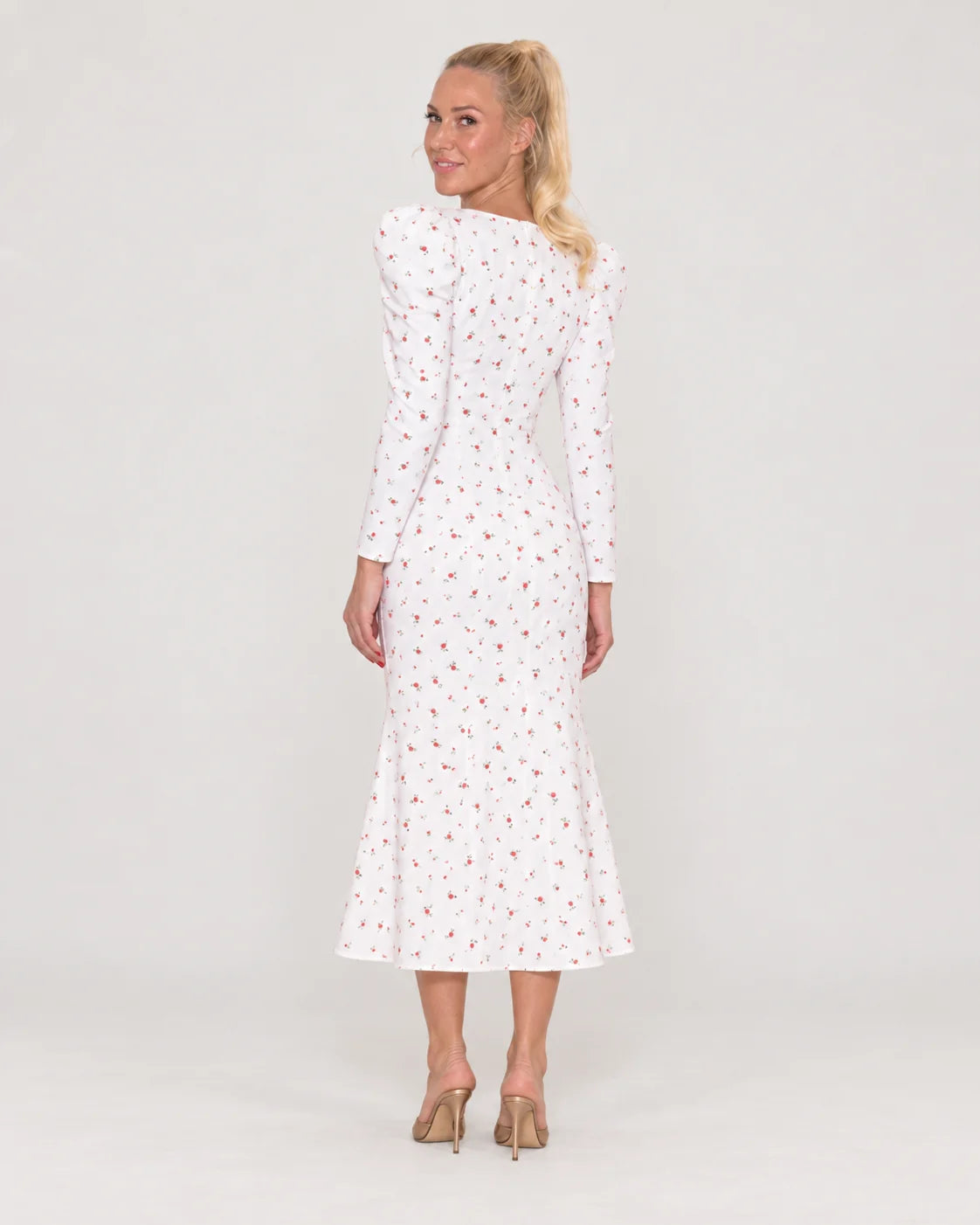 V-neck midi dress with godet skirt — Light — back view