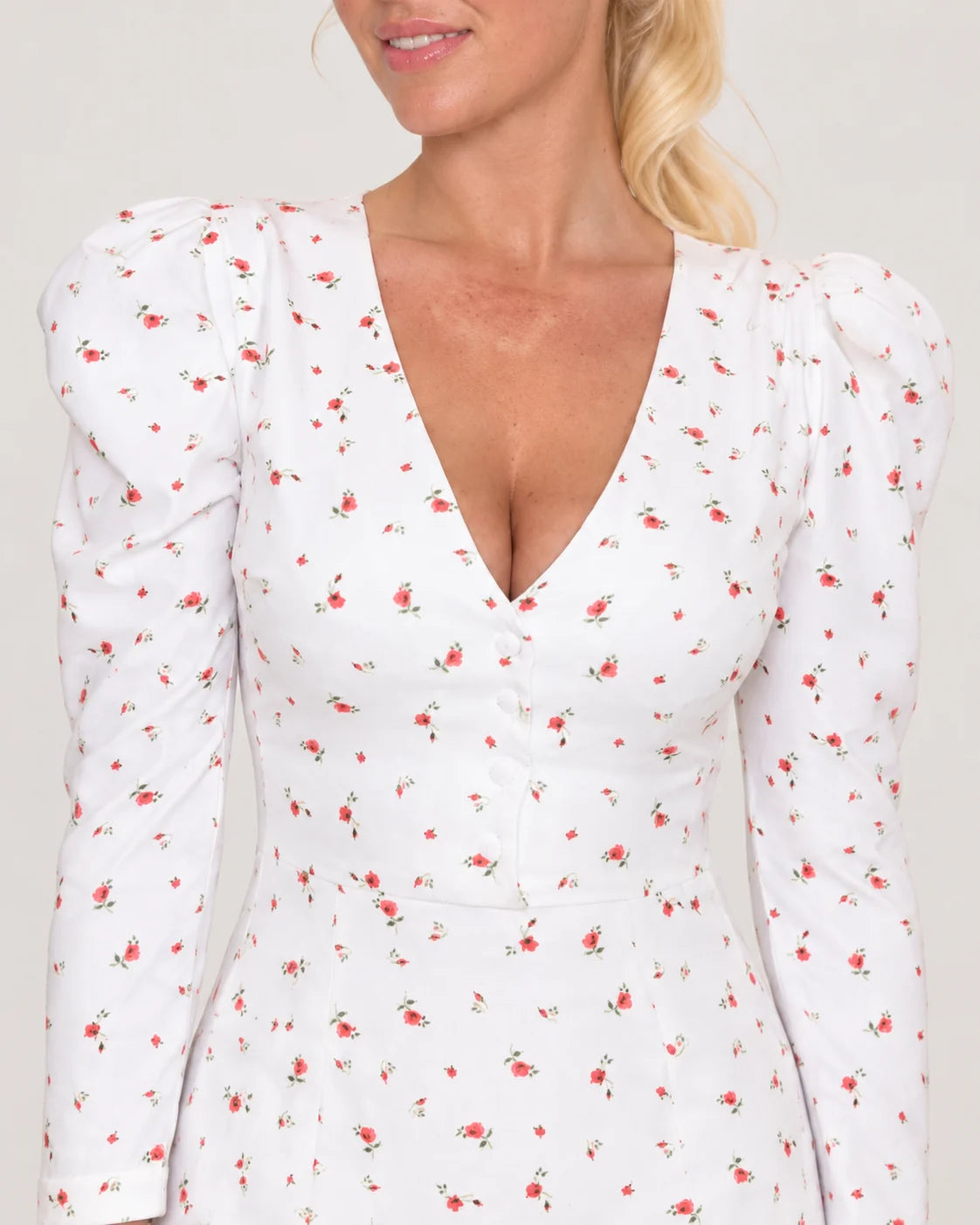 V-neck midi dress with godet skirt — Light — fabric and detail close-up