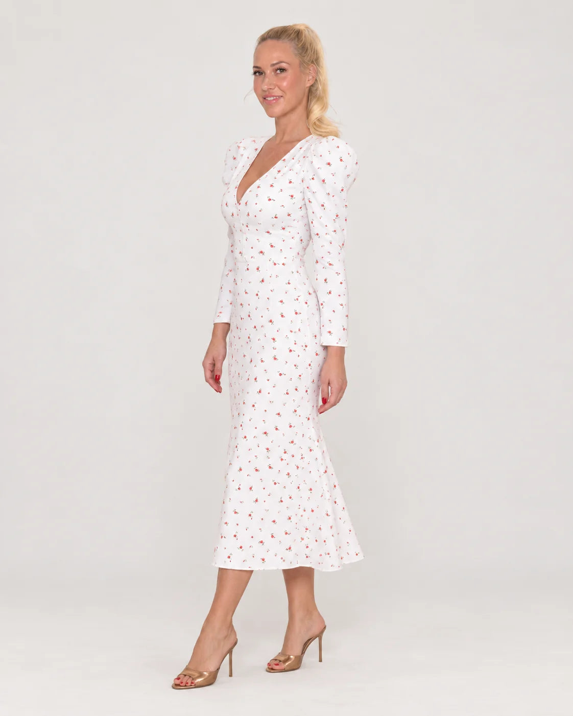 V-neck midi dress with godet skirt — Light — side view