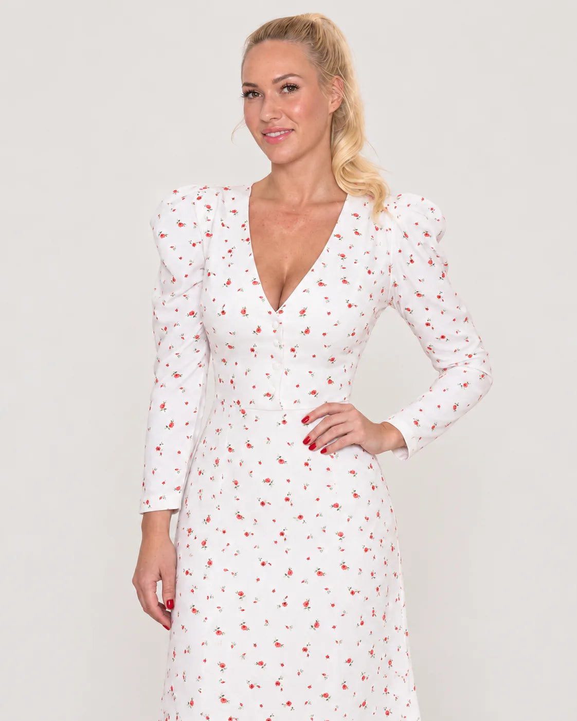 V-neck midi dress with godet skirt — Light — upper body view