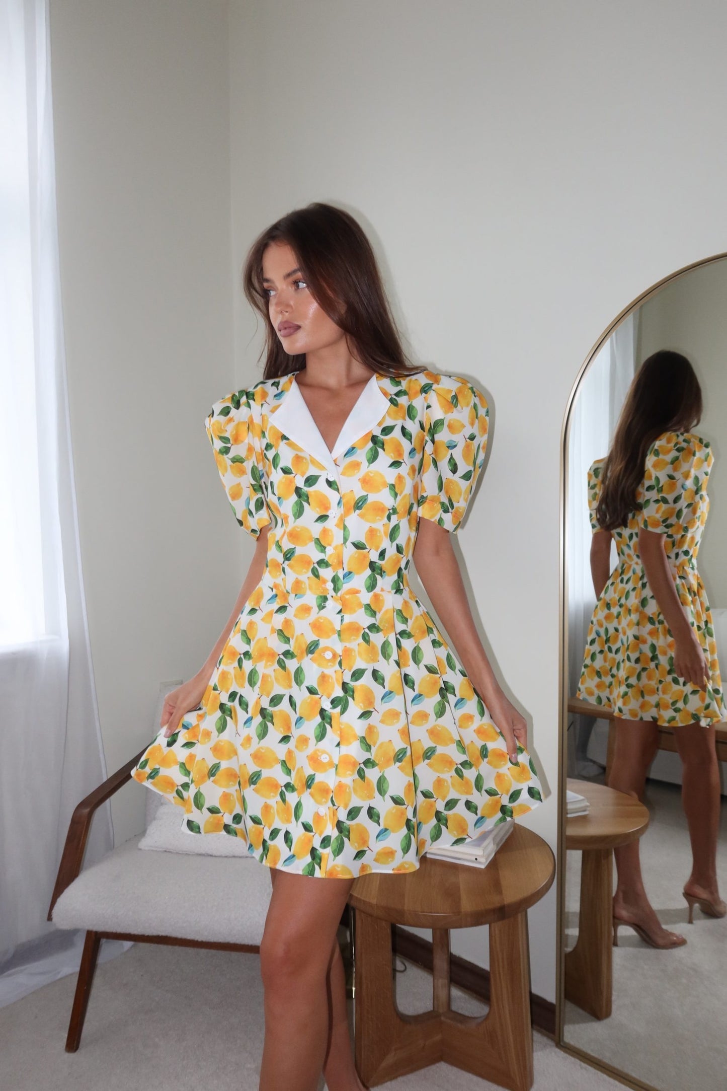 Button-down mini dress with short sleeves