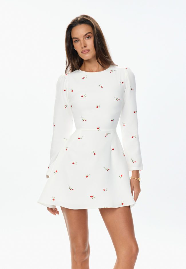 White Mini Dress with long sleeve, floral — Clipse