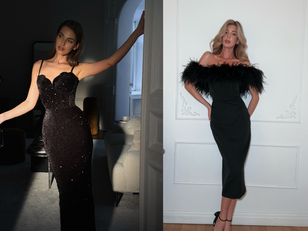 Black evening dresses with a slit and feathers