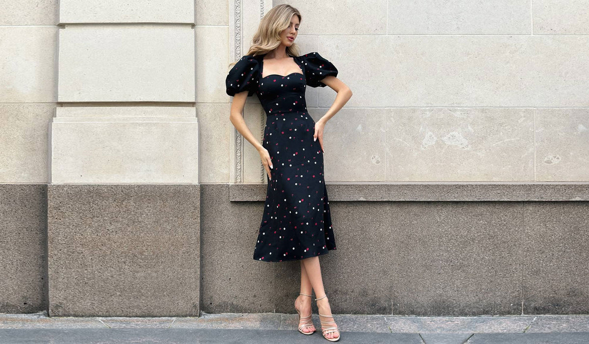 Navy polka-dot midi dress with a square neckline