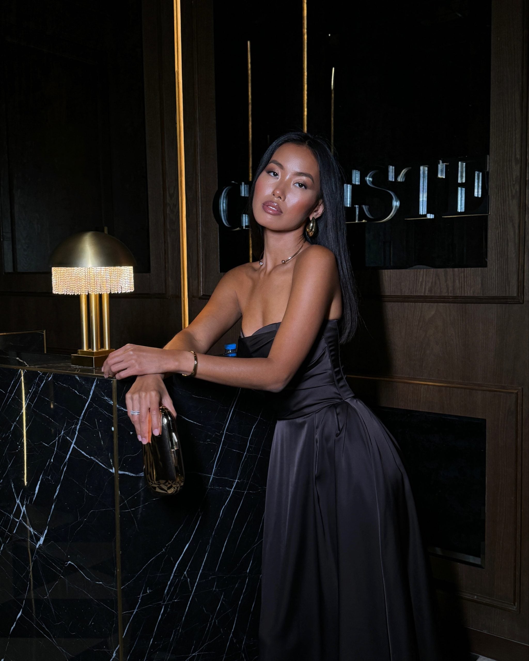 Midi bustier dress with draped bodice