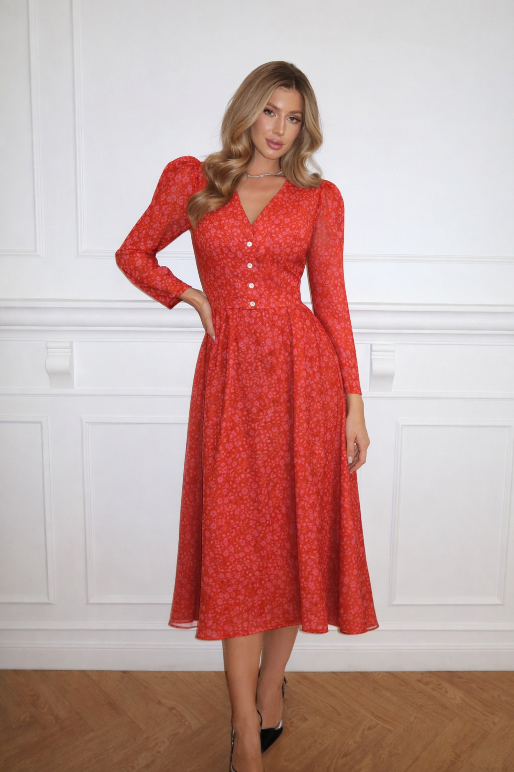 Midi dress with V neckline and pleated skirt