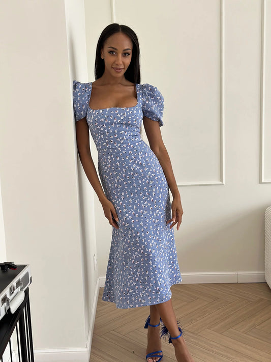 Love blue floral midi dress