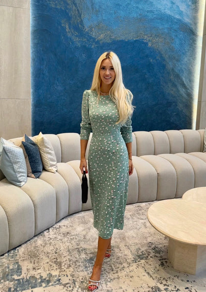 Light green silhouette long sleeve midi dress