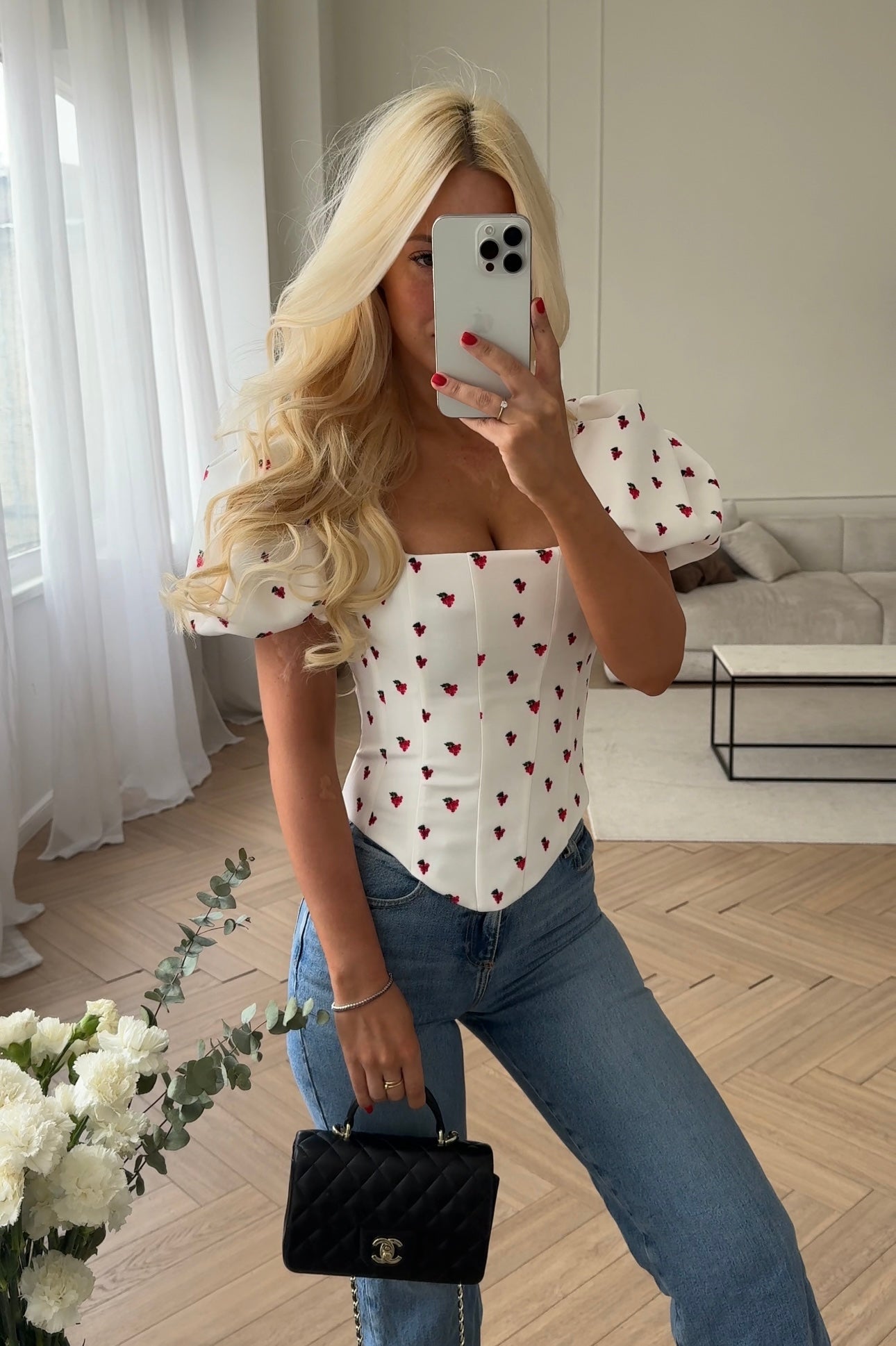 Corset-based top with berry sleeves
