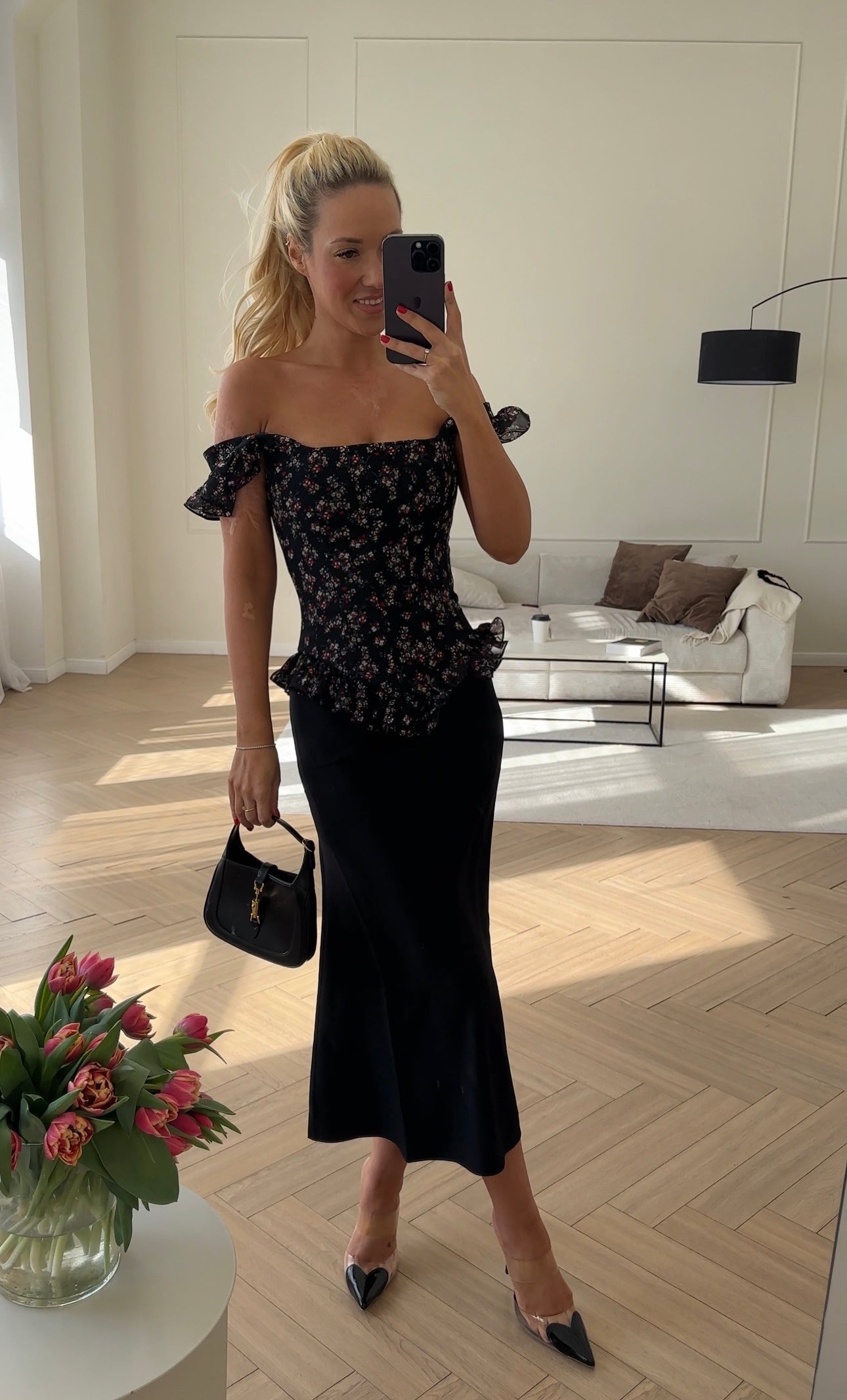 Black ruffled chiffon top