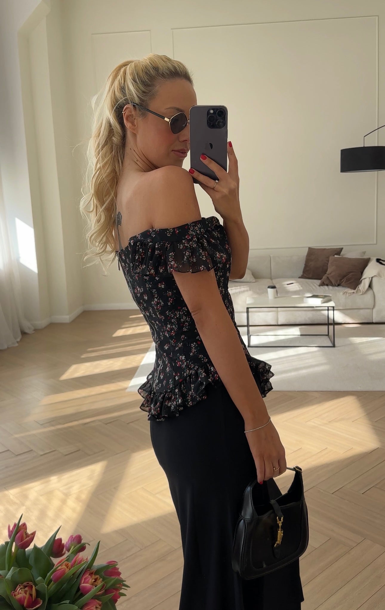 Black ruffled chiffon top