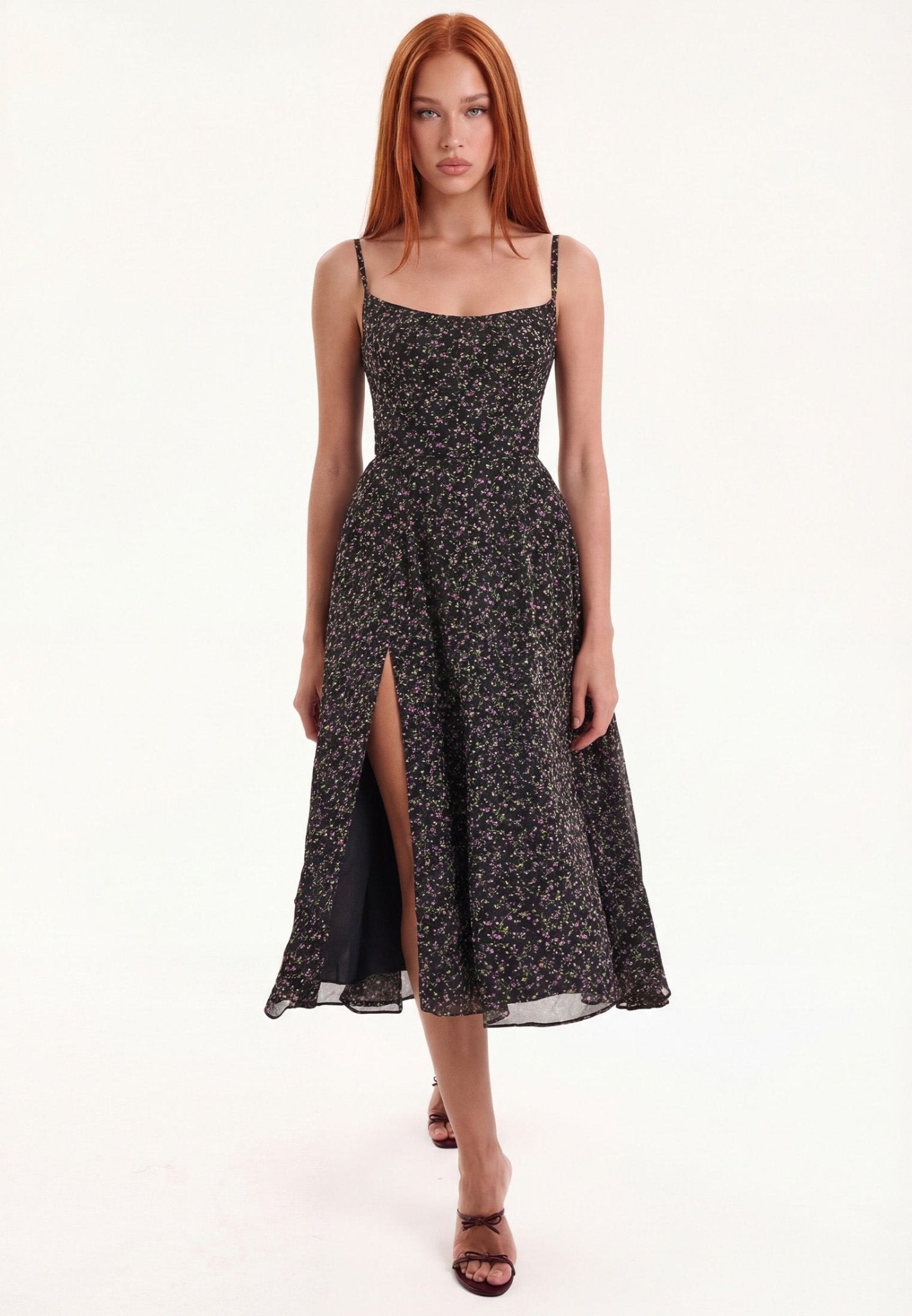Black printed midi dress with straps and a slit skirt - Clipse Brand