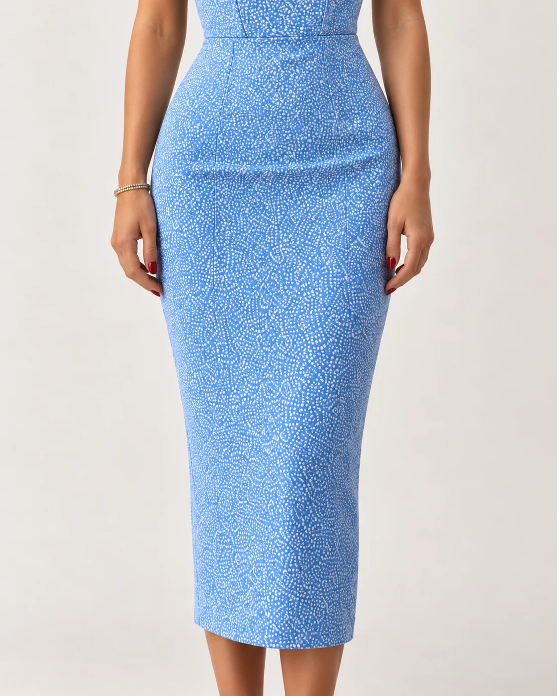 Bustier midi dress with pencil skirt — fabric and detail close-up