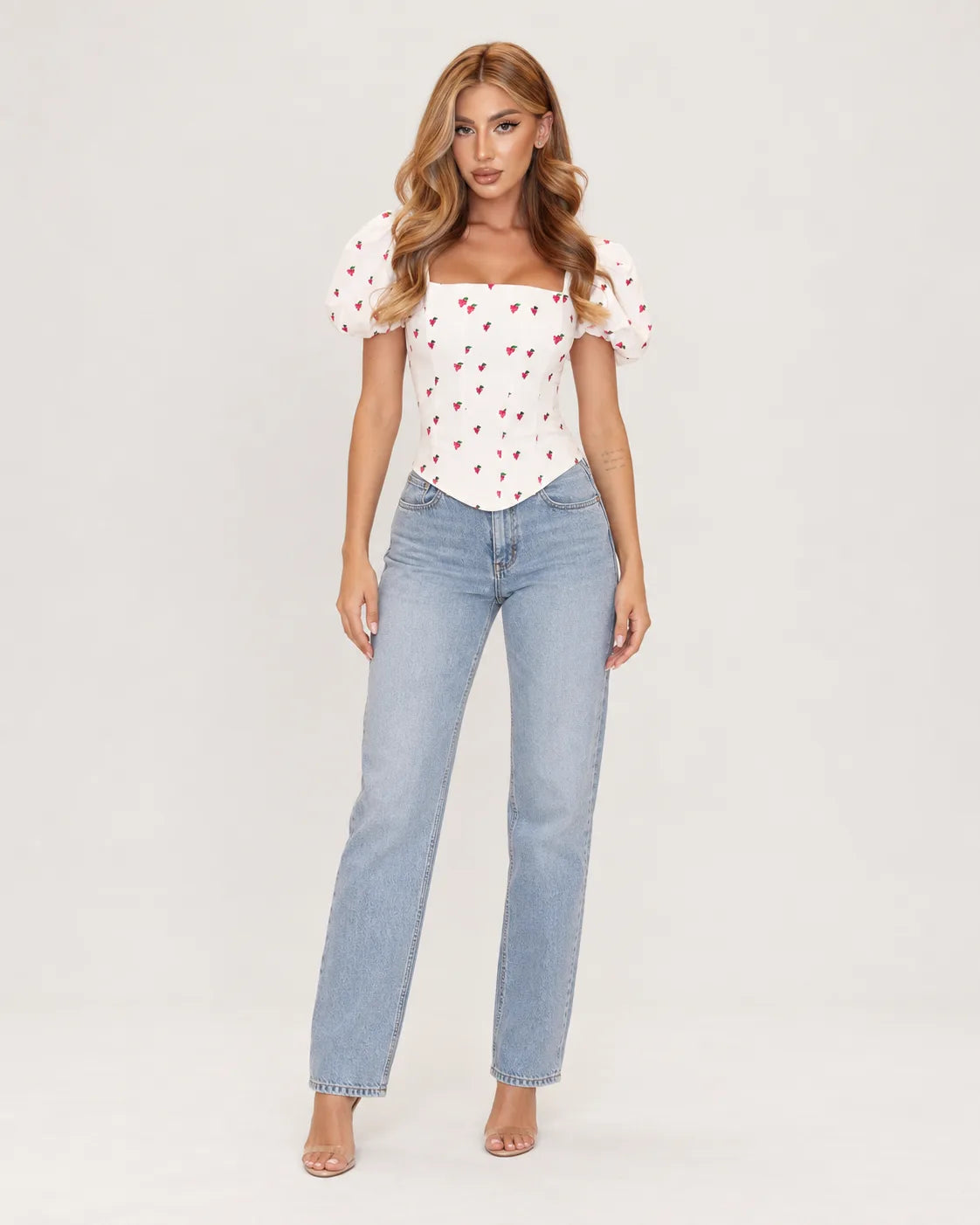Corset-based top with puff sleeves — front view