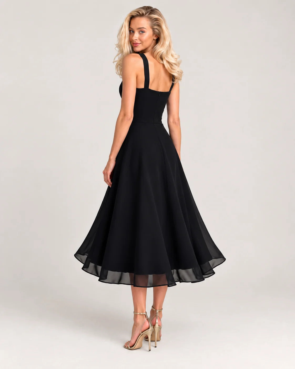 Full skirt midi dress / Black — back view