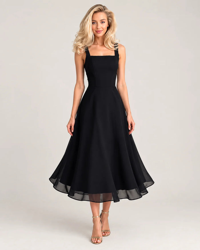 Full skirt midi dress / Black — front view