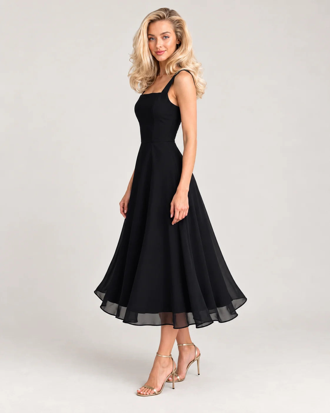 Full skirt midi dress / Black — side view