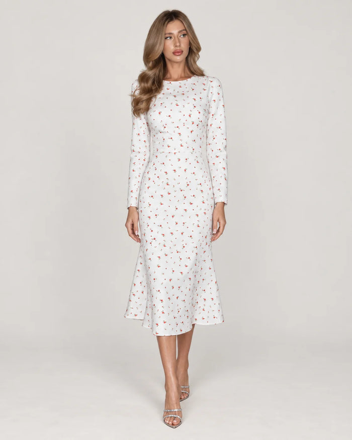 Long Sleeve Silhouette Midi Dress — White Floral — front view