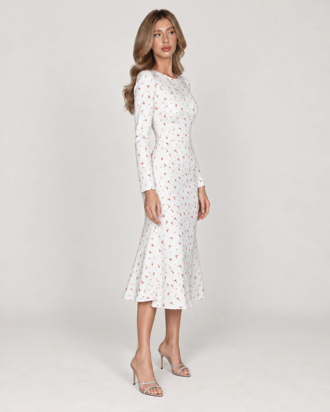 Long Sleeve Silhouette Midi Dress — White Floral — side view