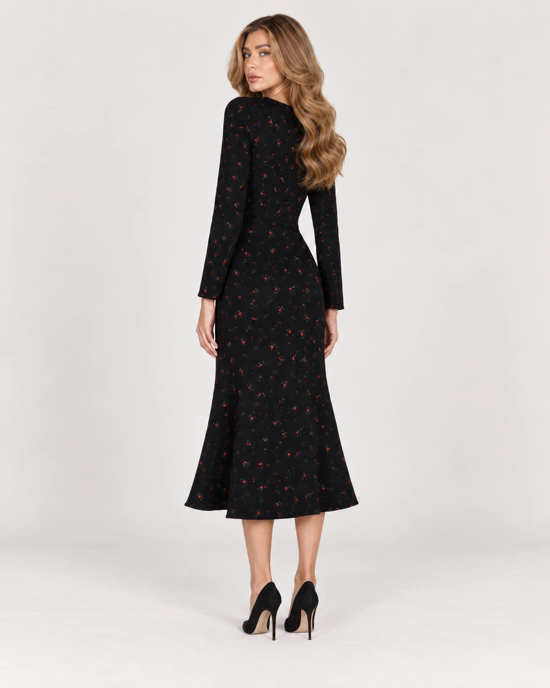 Long Sleeve Silhouette Midi Dress — Black — back view