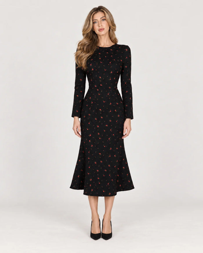Long Sleeve Silhouette Midi Dress — Black — front view