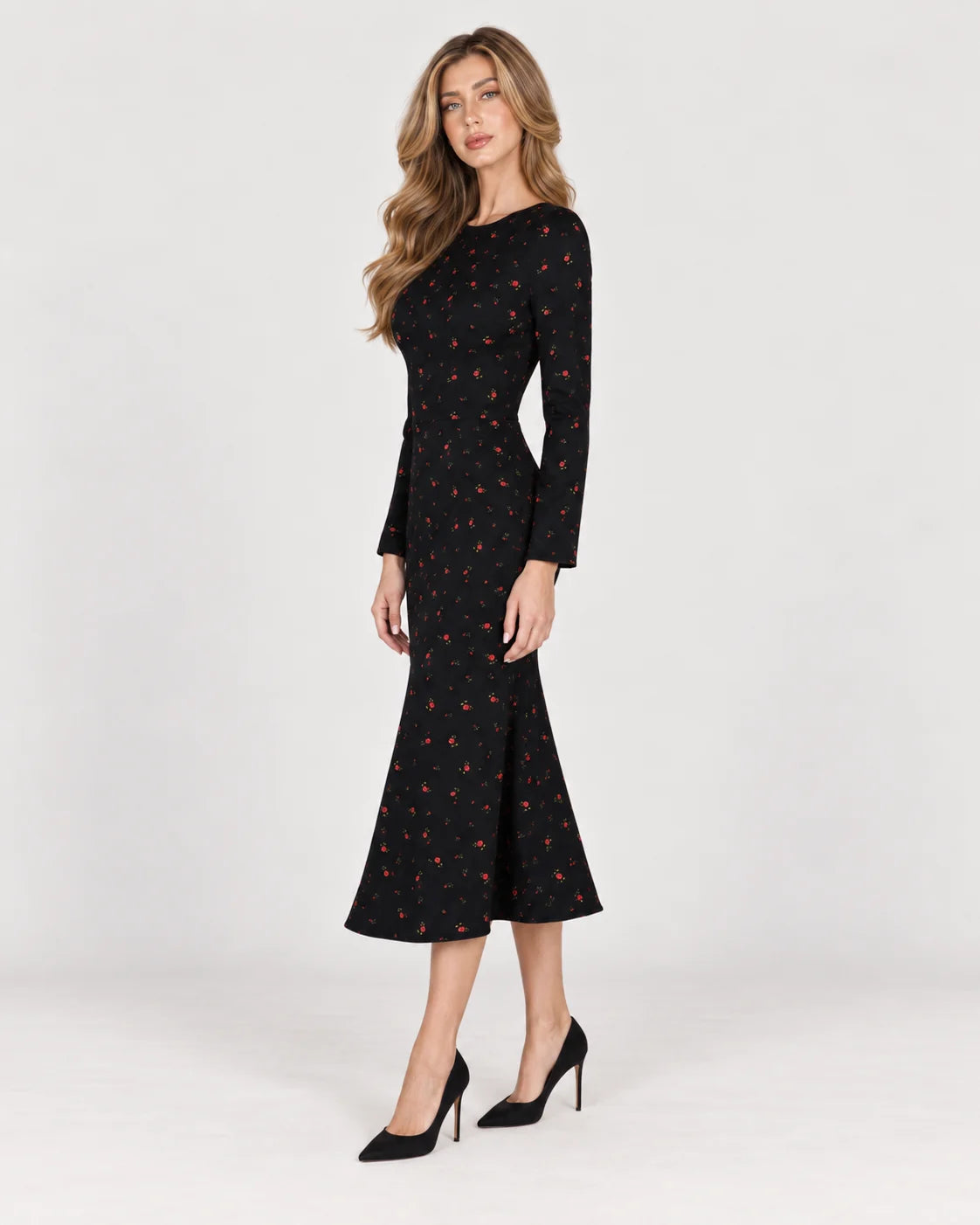 Long Sleeve Silhouette Midi Dress — Black — side view
